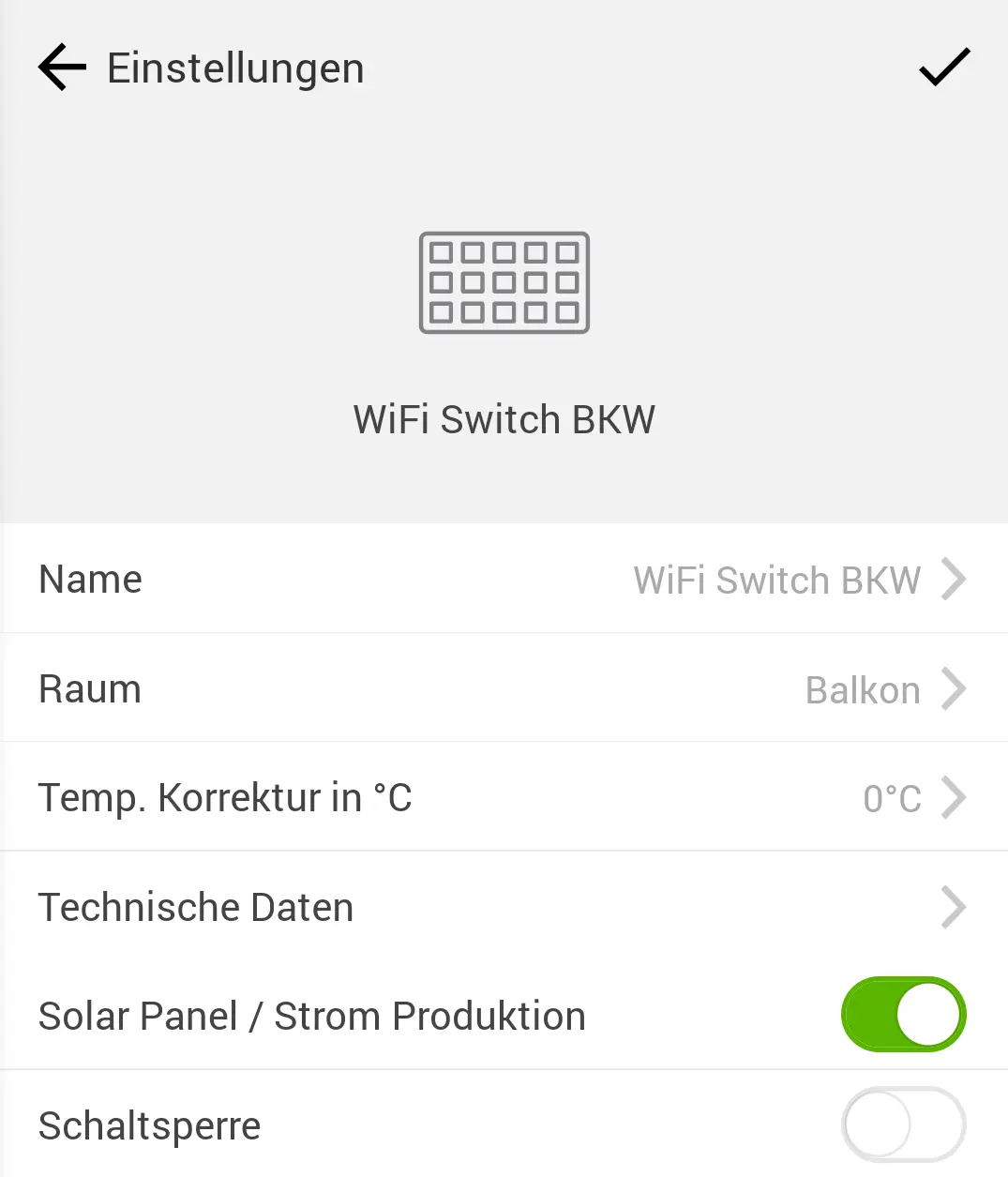 Einstellungen in myStrom-App: Funktion Solar Panel aktivieren