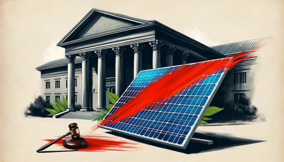 Ein rot beschmiertes Solarpanel vor einem Gerichtsgebäude
