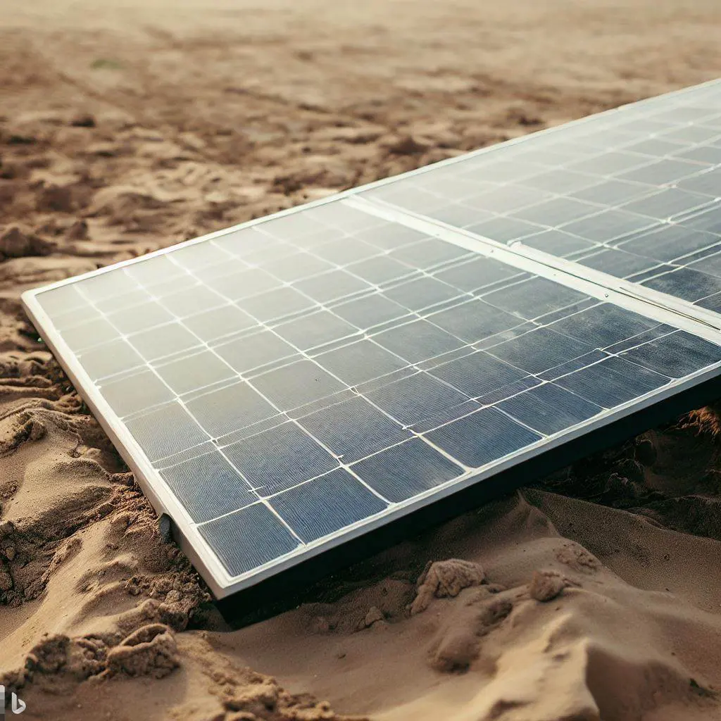 Photovoltaik Panel im Sand liegend und von der Sonne beschienen. Created by bing Image Creator.