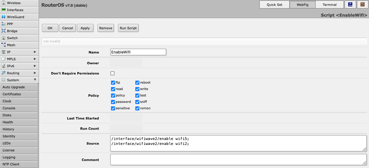 MikroTik Script to Enable Wi-Fi. Scriptname: EnableWifi